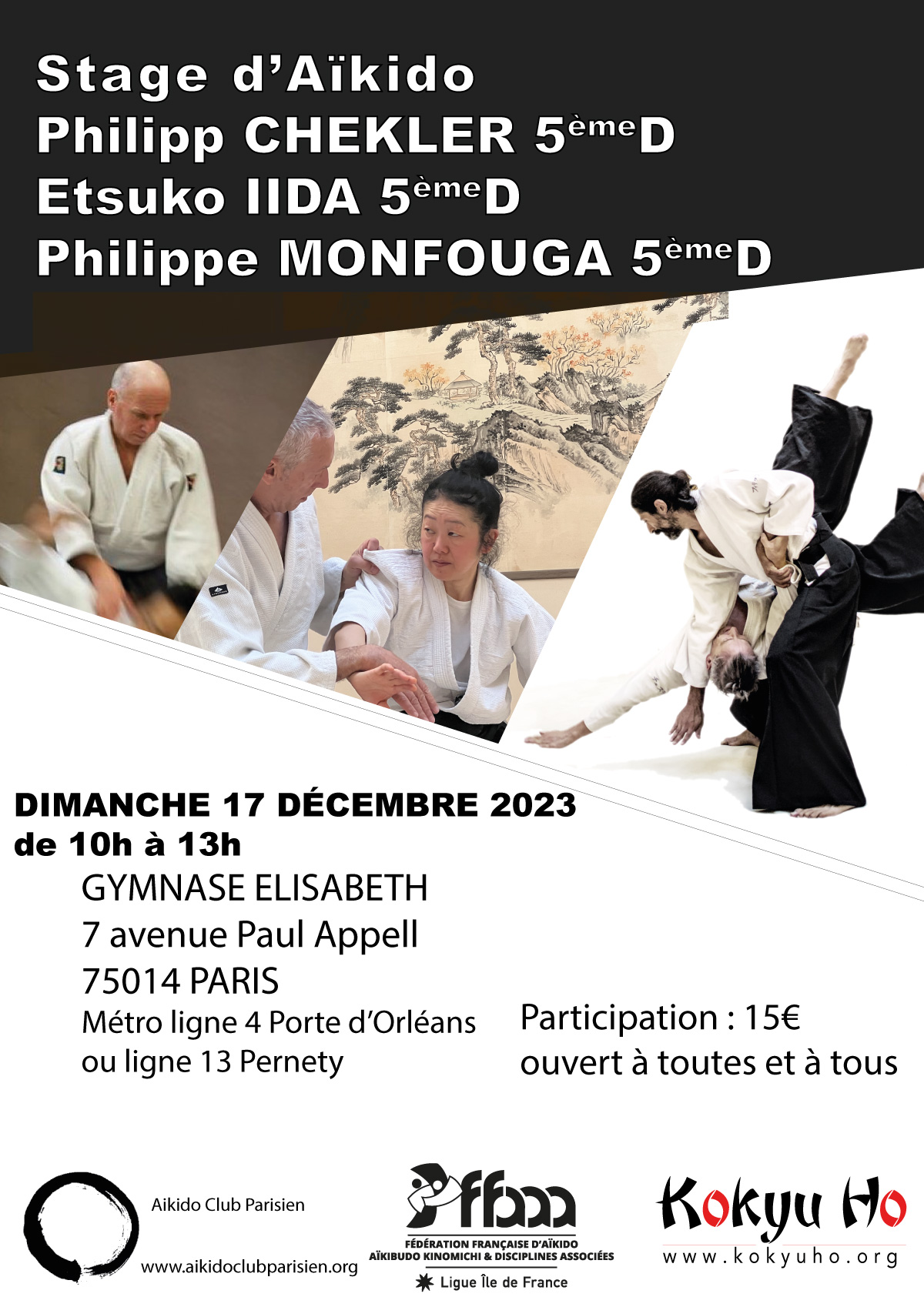 Affiche du Stage d'Aïkido à Paris animé par Philipp Chekler et Etsuko IIDA et Philippe Monfouga le dimanche 17 décembre 2023