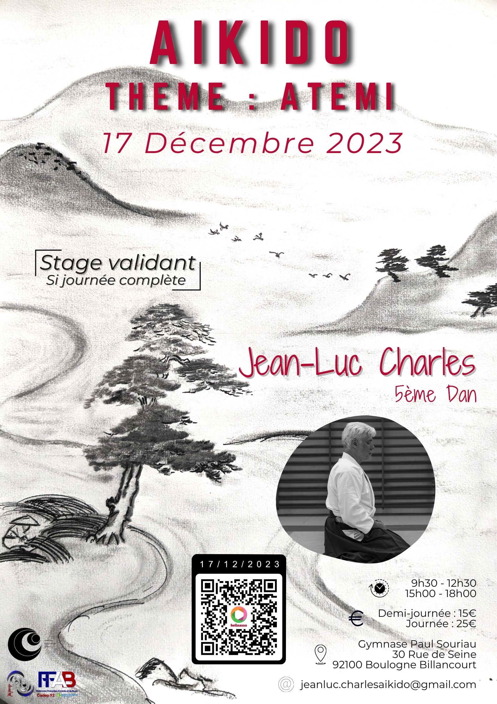 Affiche du Stage d'Aïkido à Boulogne-Billancourt animé par Jean-Luc Charles le dimanche 17 décembre 2023