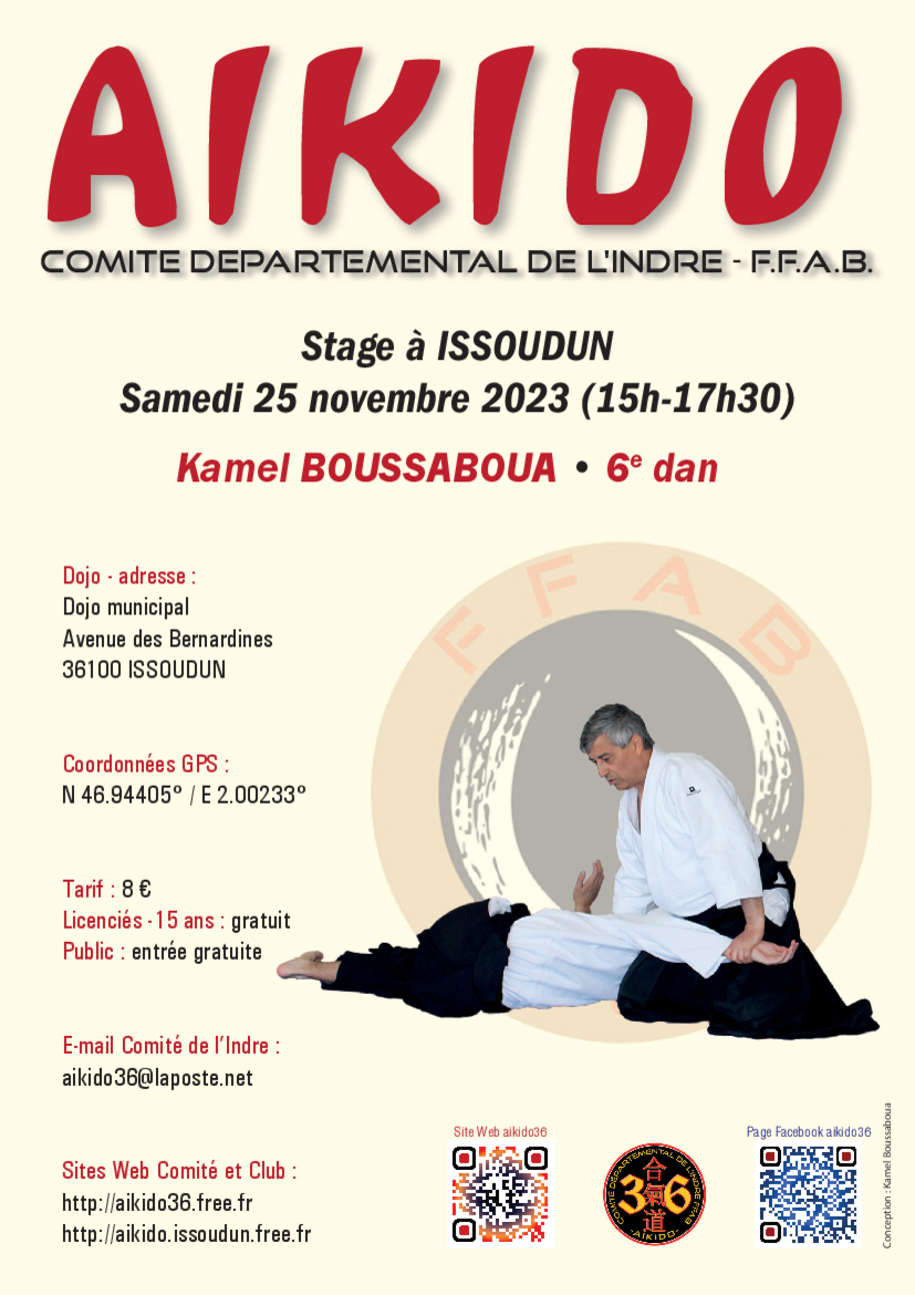 Affiche du Stage d'Aïkido à Issoudun animé par Kamel Boussaboua le samedi 25 novembre 2023