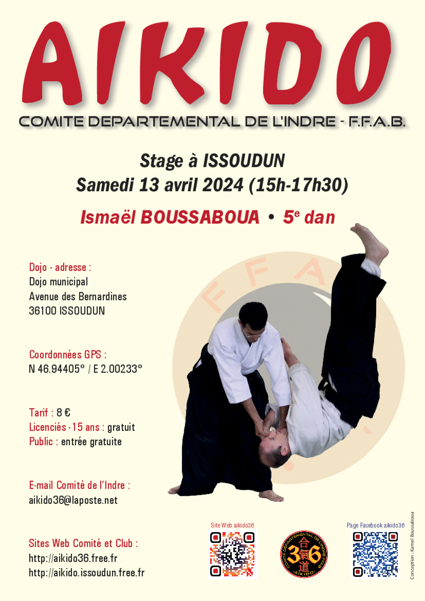 Affiche du Stage d'Aïkido à Issoudun animé par Ismaël Boussaboua le samedi 13 avril 2024