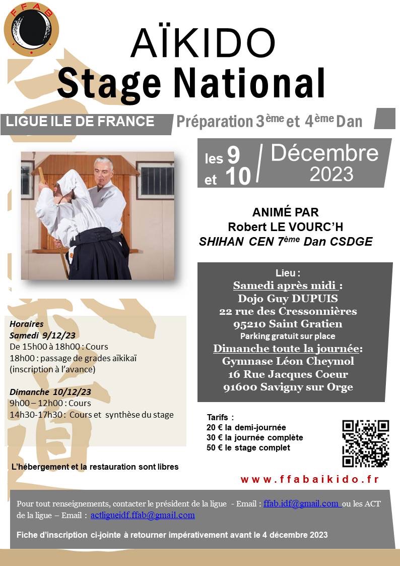 Affiche du Stage d'Aïkido à Savigny-sur-Orge animé par Robert Le Vourch' le dimanche 10 décembre 2023