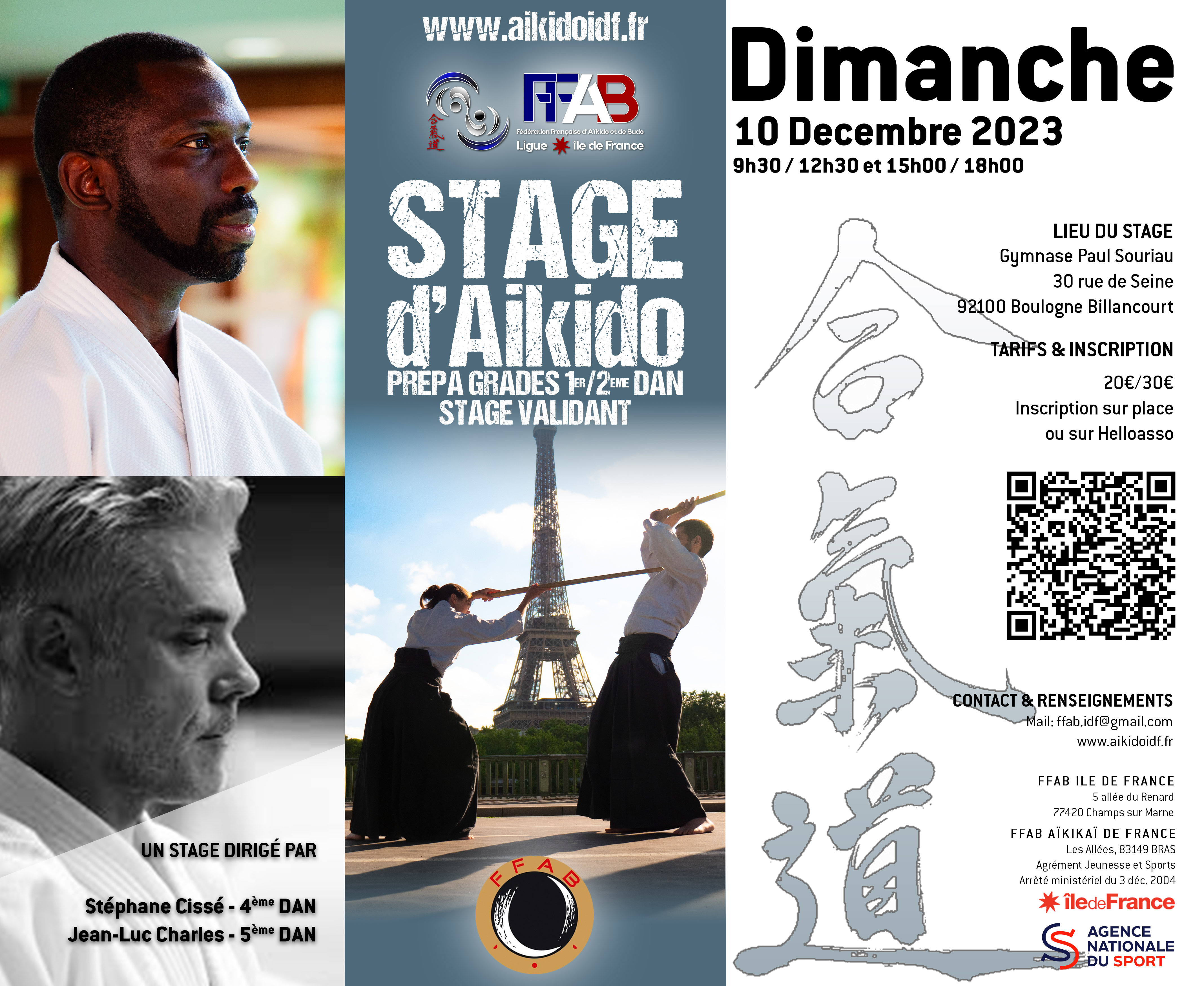 Affiche du Stage d'Aïkido à Boulogne-Billancourt animé par Jean-Luc Charles et Stéphane Cissé le dimanche 10 décembre 2023