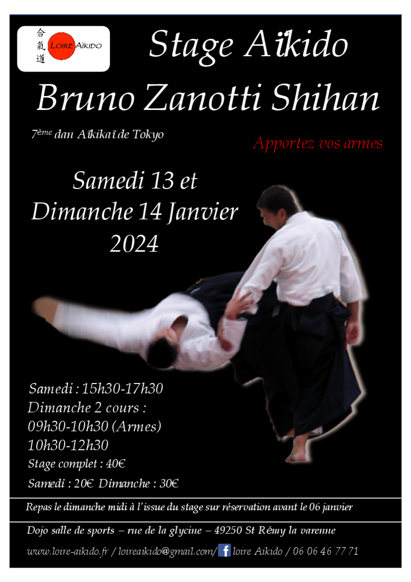 Affiche du Stage d'Aïkido à Brissac-Loire-Aubance animé par Bruno Zanotti du samedi 13 janvier 2024 au dimanche 14 janvier 2024