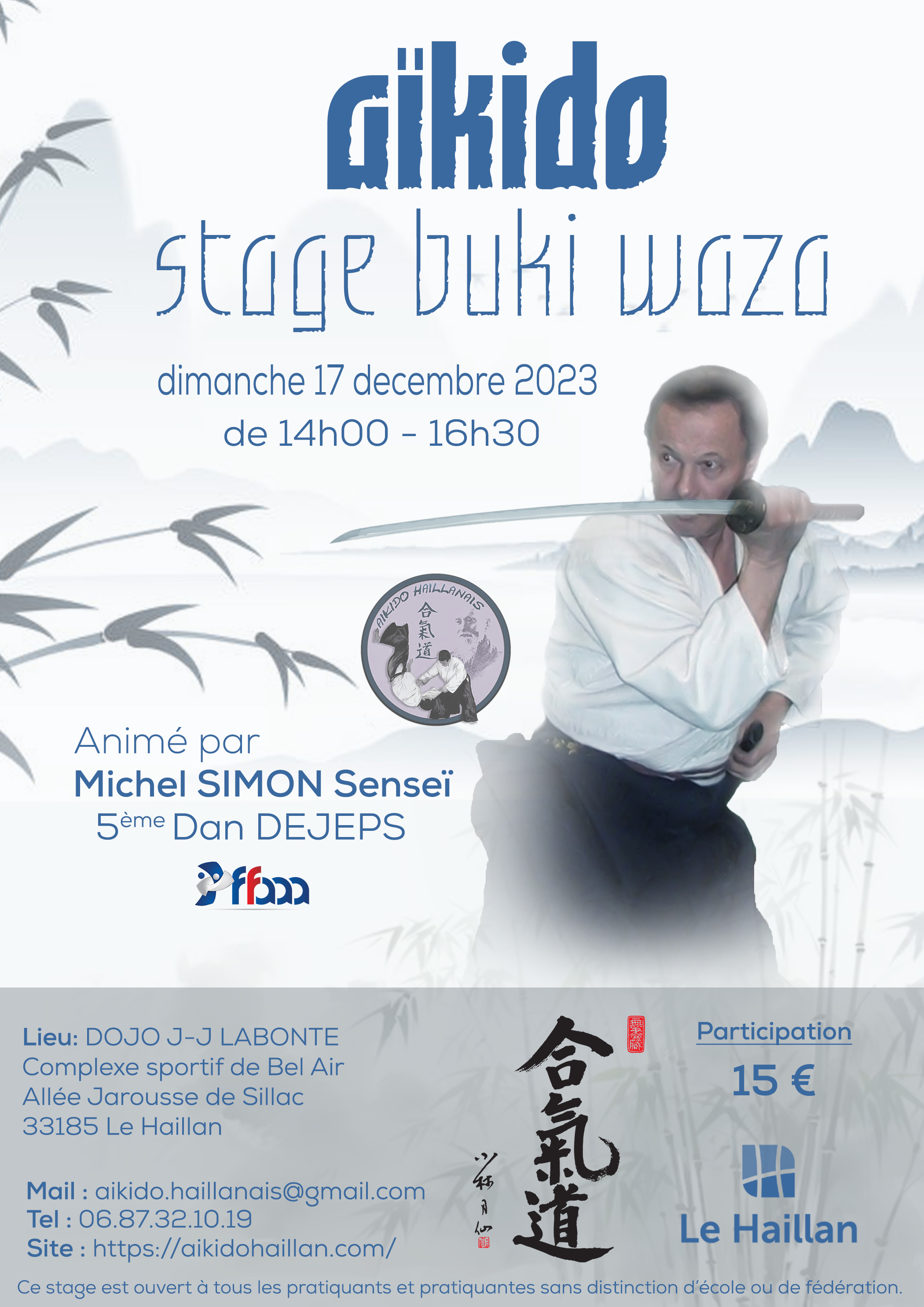 Affiche du Stage d'Aïkido à Le Haillan animé par Michel Simon le dimanche 17 décembre 2023