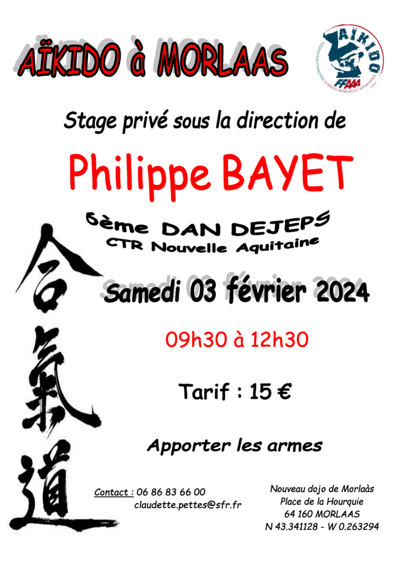 Affiche du Stage d'Aïkido à Morlaas animé par Philippe  Bayet le samedi 3 février 2024