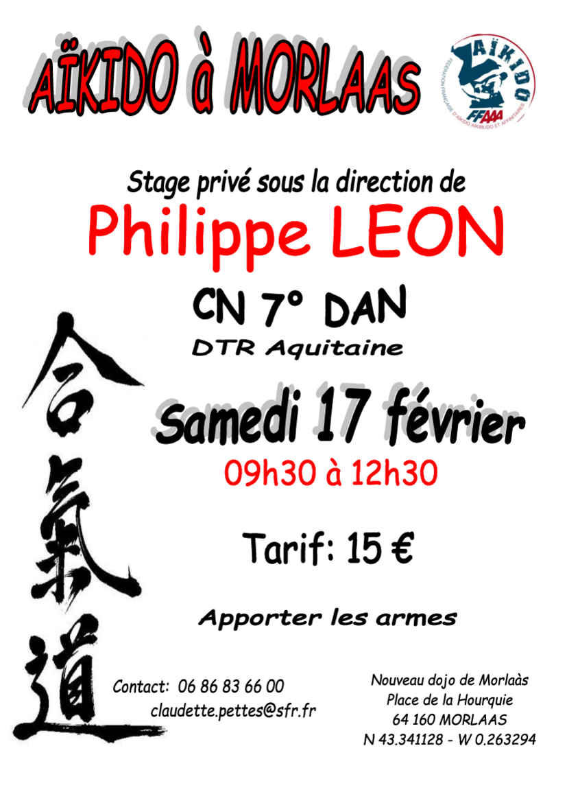 Affiche du Stage d'Aïkido à Morlaas animé par Philippe Léon le samedi 17 février 2024