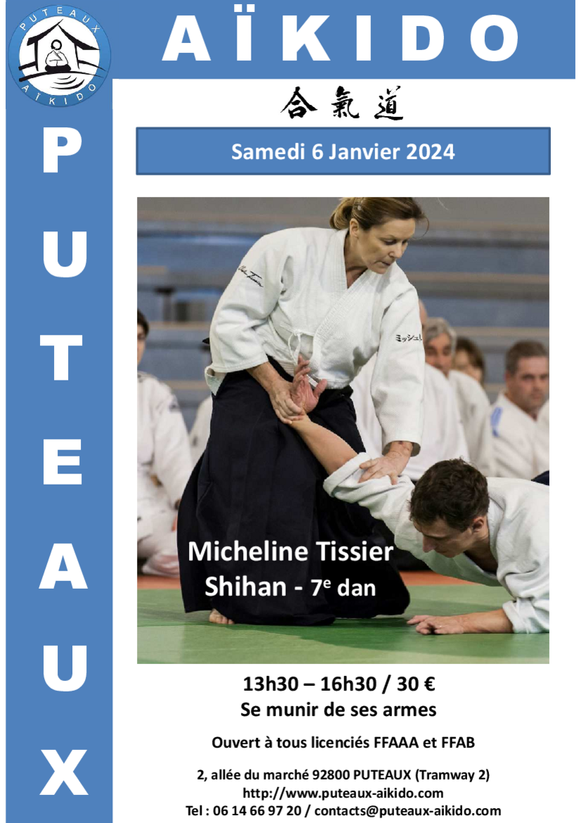 Affiche du Stage d'Aïkido à Puteaux animé par Micheline Vaillant-Tissier le samedi 6 janvier 2024