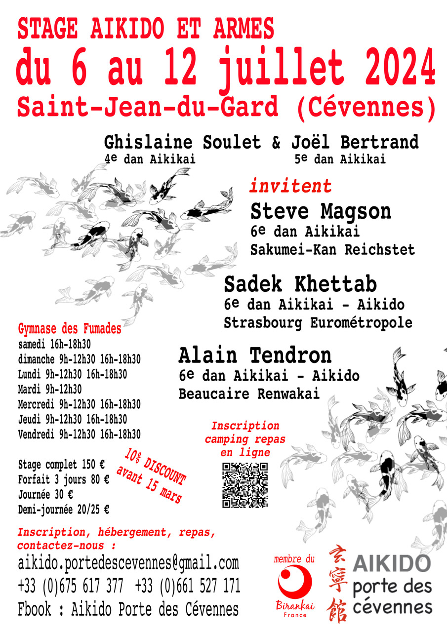 Affiche du Stage d'Aïkido à Saint-Jean-du-Gard animé par Alain Tendron et Steve Magson et Sadek Khettab du samedi 6 juillet 2024 au vendredi 12 juillet 2024