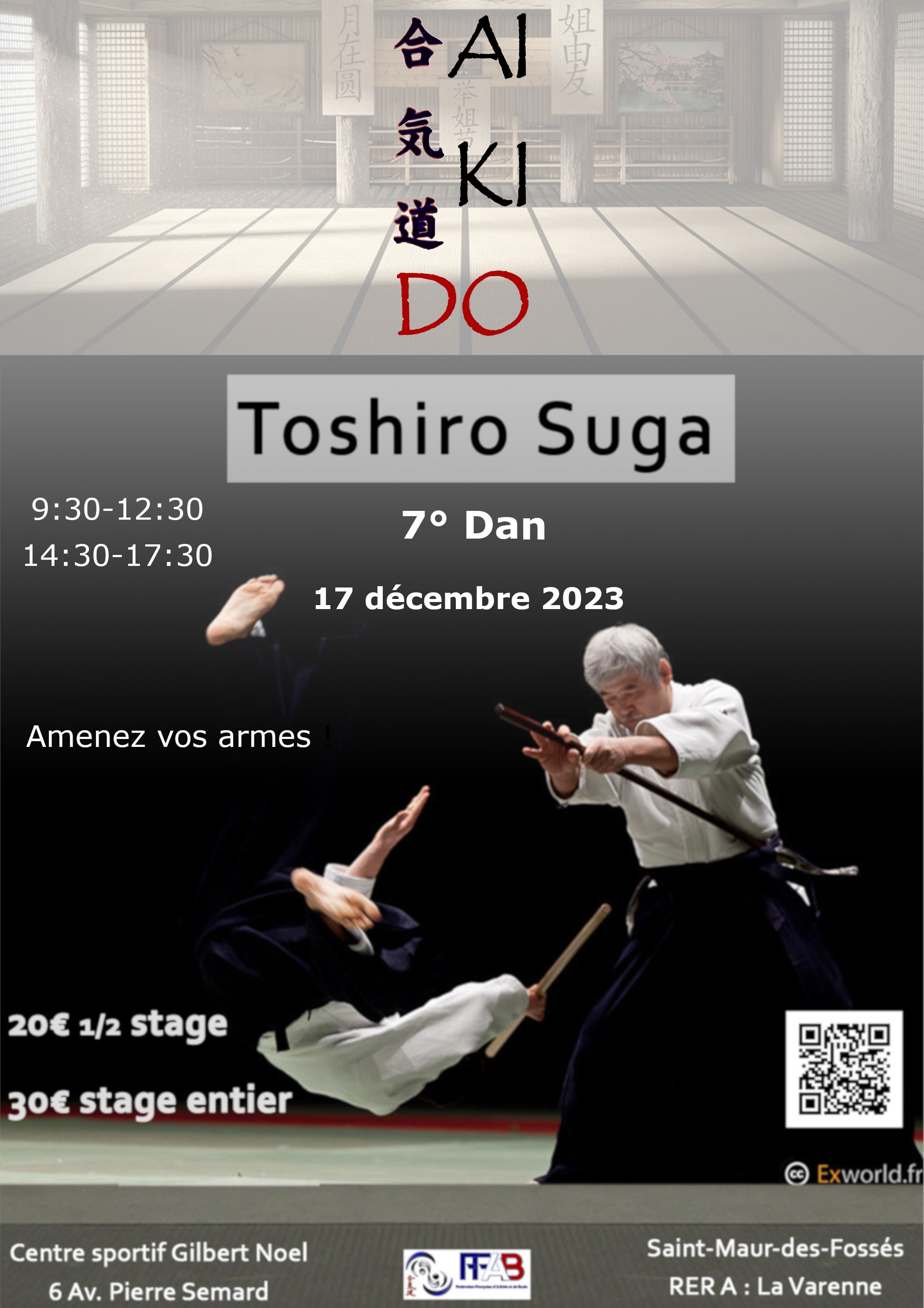 Affiche du Stage d'Aïkido à Saint-Maur-des-Fossés animé par Toshiro Suga le dimanche 17 décembre 2023