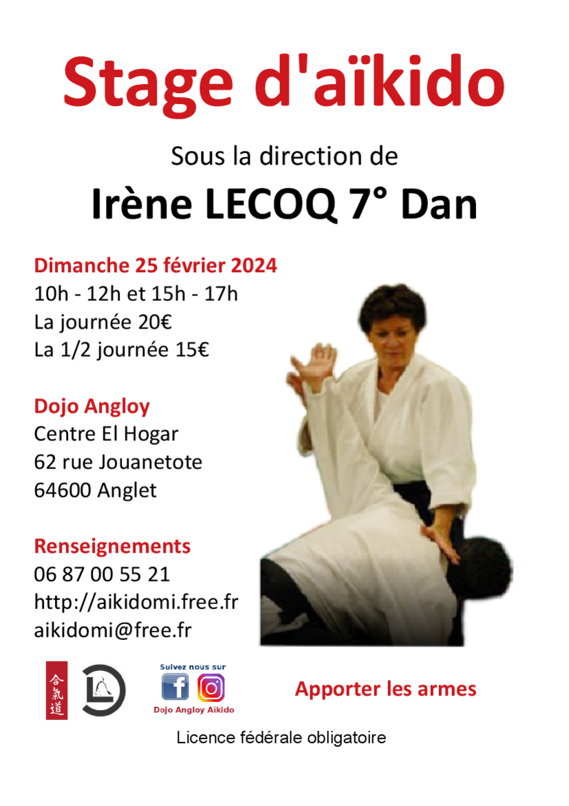 Affiche du Stage d'Aïkido à Anglet animé par Irène Lecoq le dimanche 25 février 2024