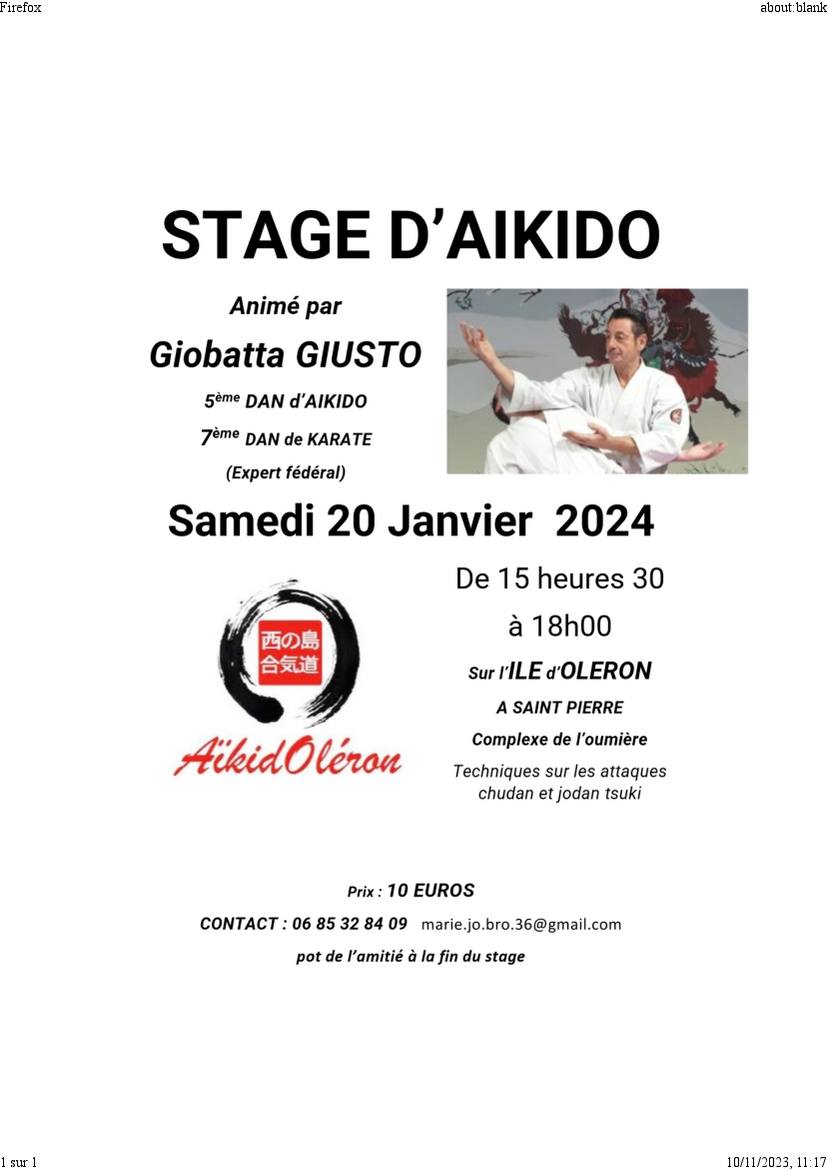 Affiche du Stage d'Aïkido à Saint-Pierre-d'Oléron animé par Giobatta Giusto le samedi 20 janvier 2024