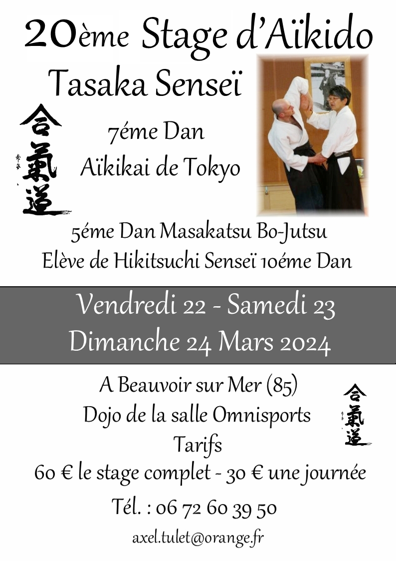 Affiche du Stage d'Aïkido à Beauvoir-sur-Mer animé par Mitsuo Tasaka du vendredi 22 mars 2024 au dimanche 24 mars 2024