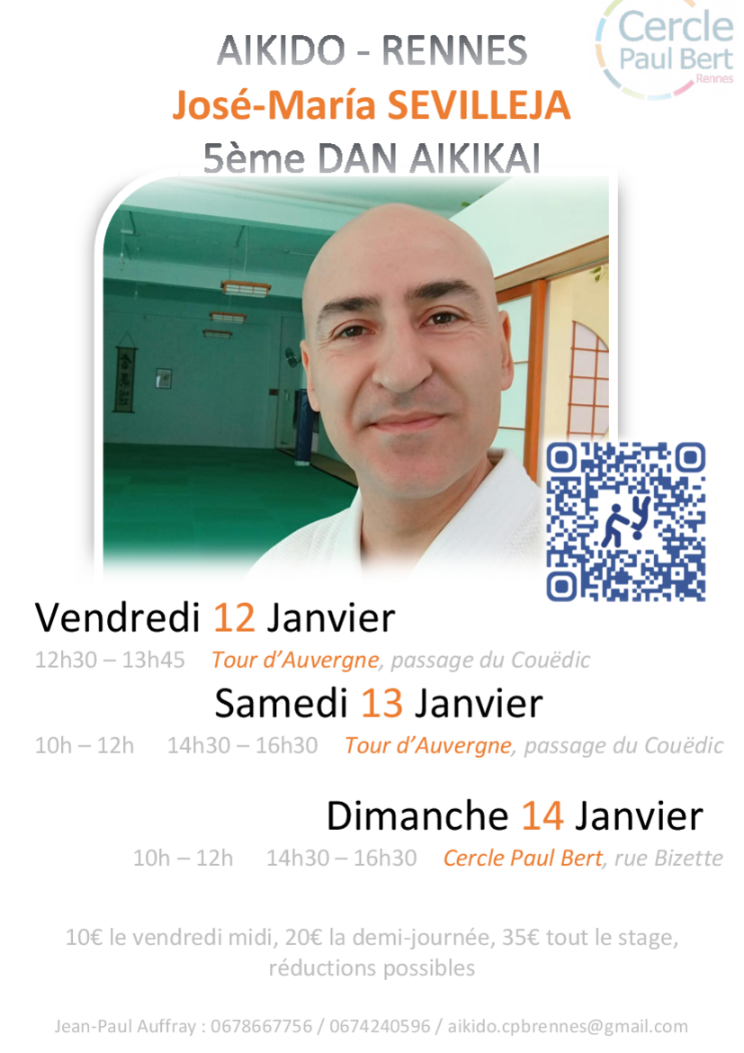 Affiche du Stage d'Aïkido à Rennes animé par José-Maria Sevilleja du samedi 13 janvier 2024 au dimanche 14 janvier 2024