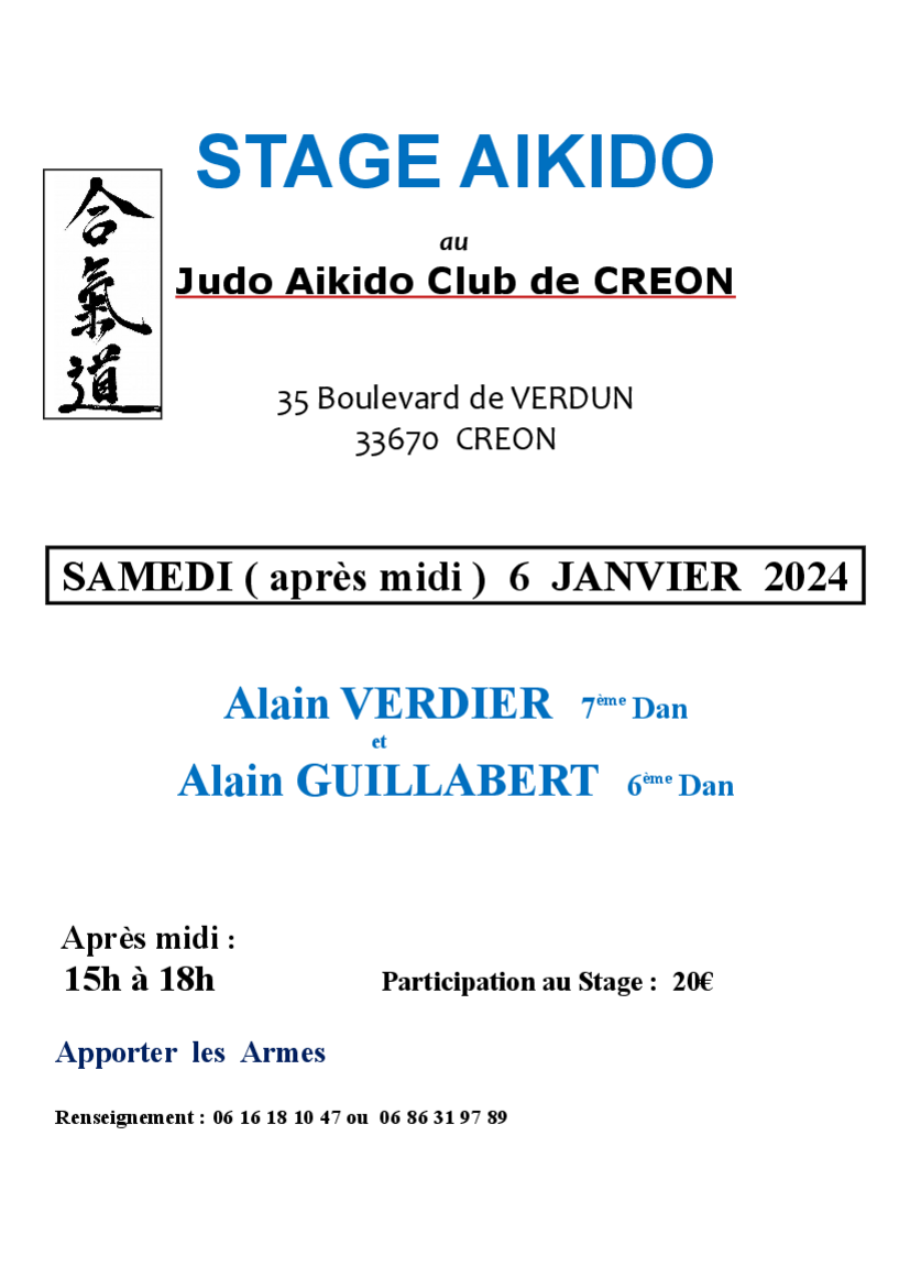 Affiche du Stage d'Aïkido à Créon animé par Alain Verdier et Alain Guillabert le samedi 6 janvier 2024