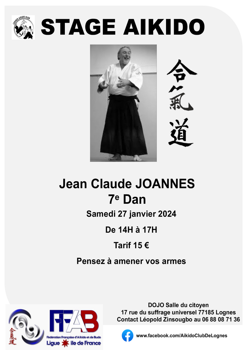 Affiche du Stage d'Aïkido à Lognes animé par Jean-Claude Joannes le samedi 27 janvier 2024