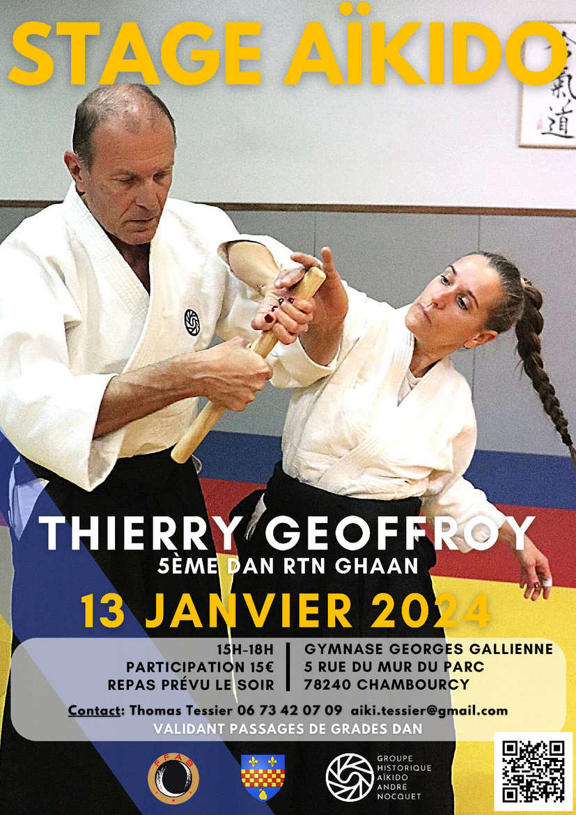 Affiche du Stage d'Aïkido à Chambourcy animé par Thierry Geoffroy le samedi 13 janvier 2024