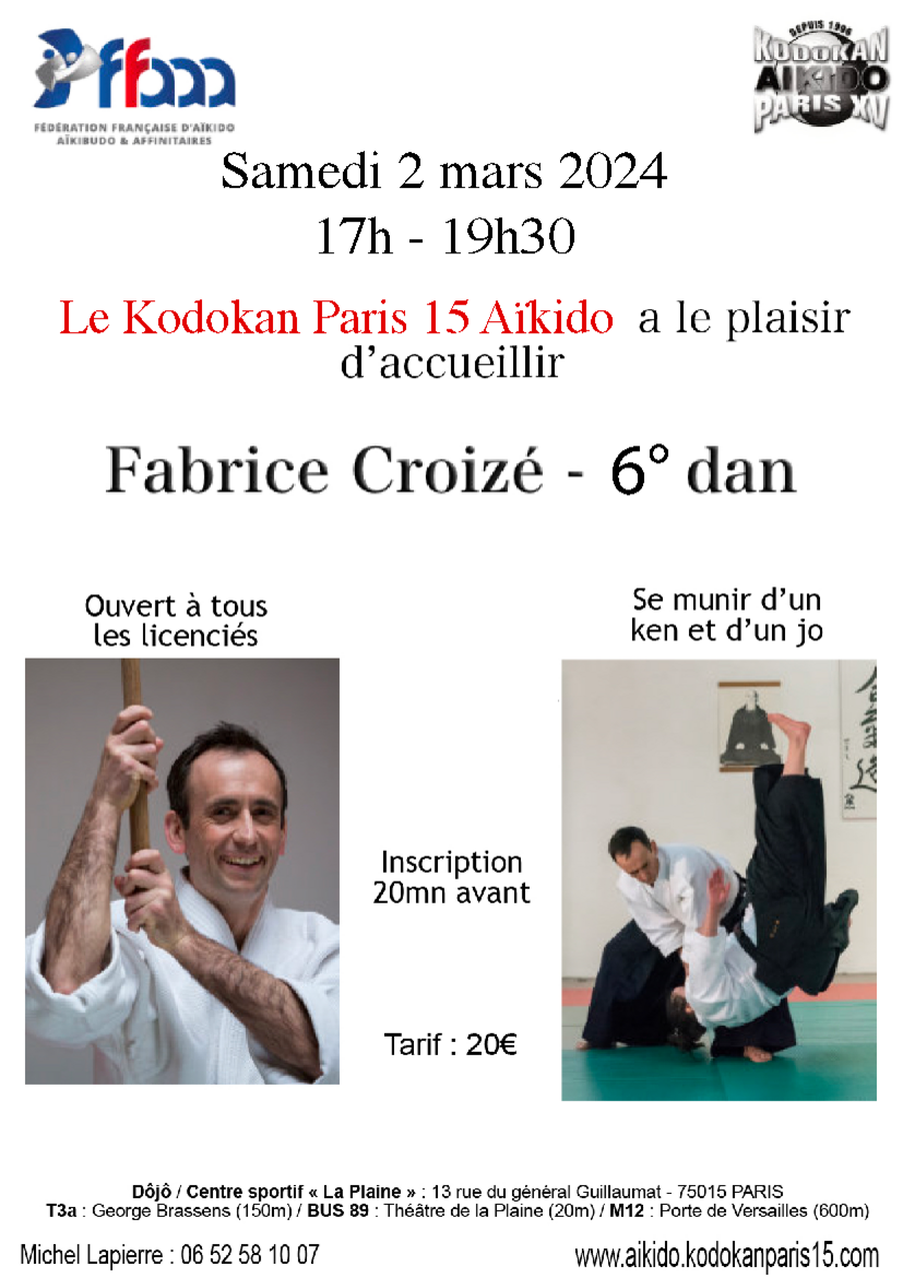 Affiche du Stage d'Aïkido à Paris animé par Fabrice Croizé le samedi 2 mars 2024