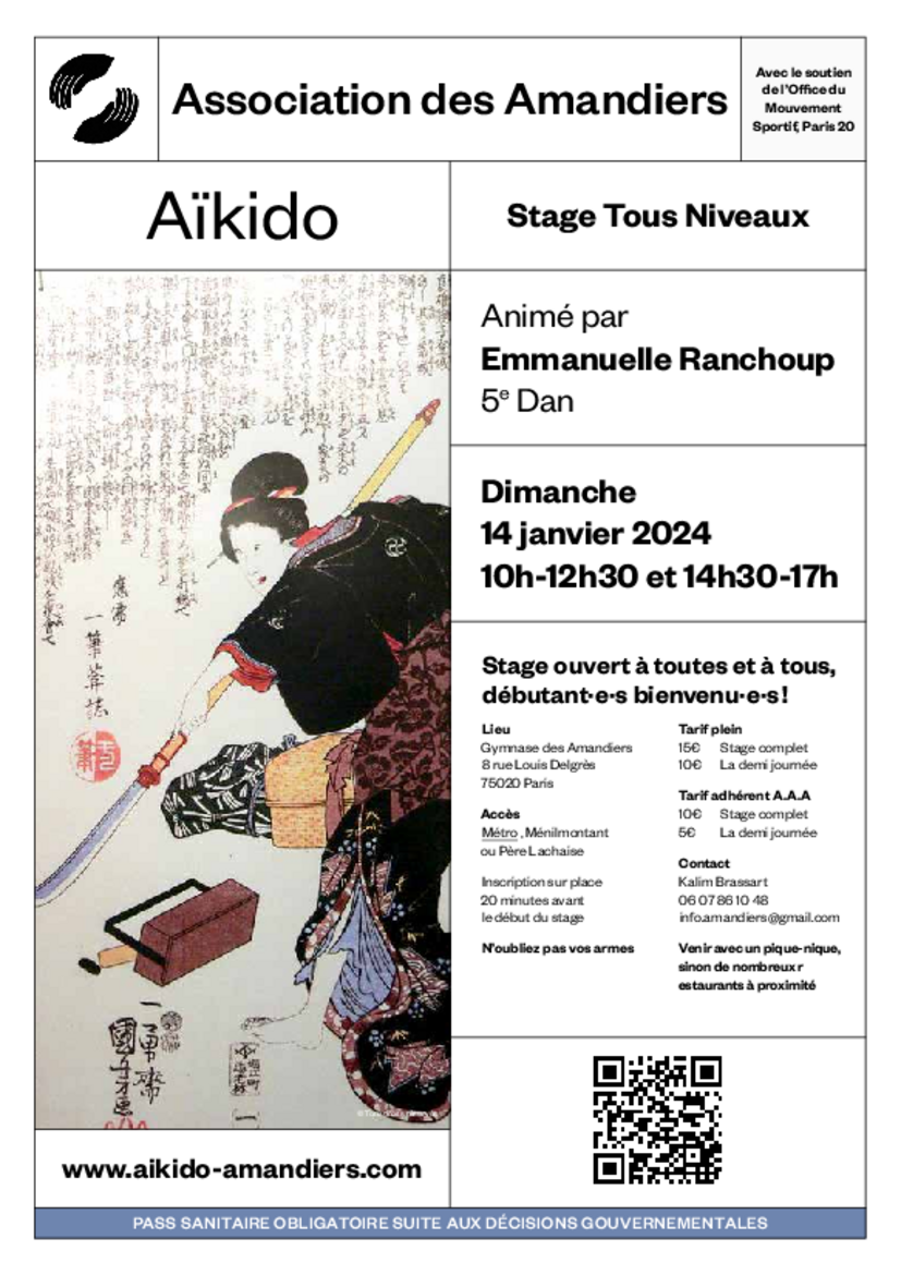 Affiche du Stage d'Aïkido à Paris animé par Emmanuelle Ranchoup le dimanche 14 janvier 2024