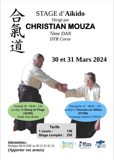 Affiche du Stage d'Aïkido à Bourg-de-Péage animé par Christian Mouza le samedi 30 mars 2024