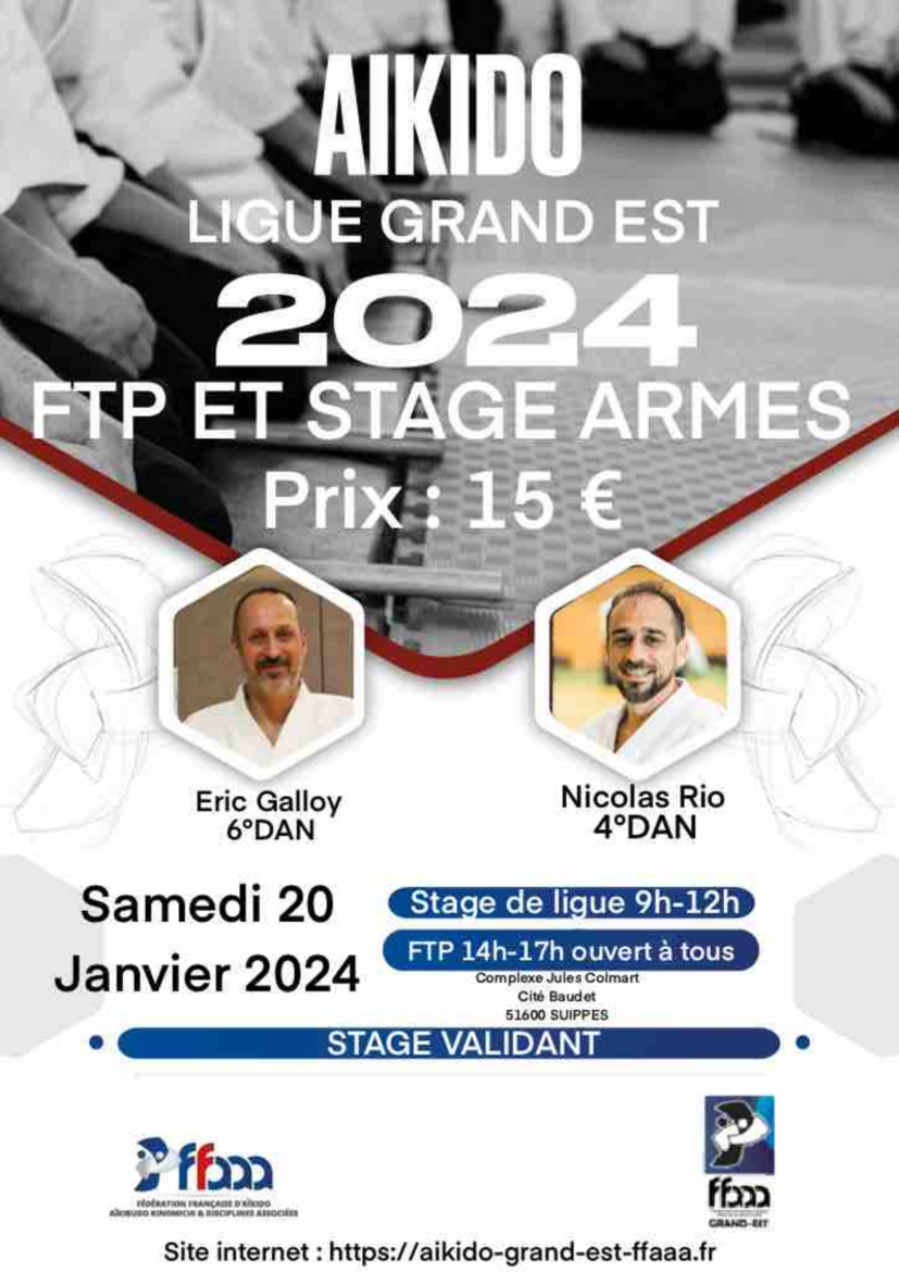 Affiche du Stage d'Aïkido à Suippes animé par Eric Galloy et Nicolas Rio le samedi 20 janvier 2024