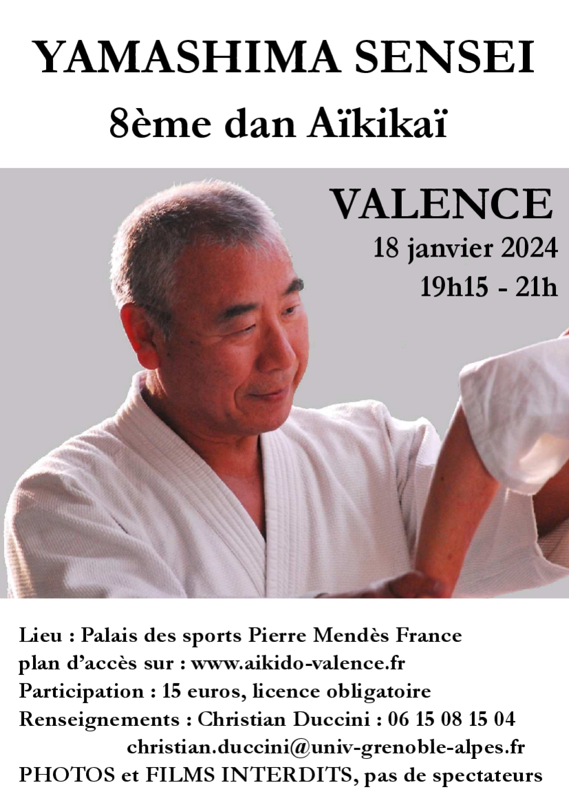 Affiche du Stage d'Aïkido à Valence animé par Yamashima Takeshi le jeudi 18 janvier 2024