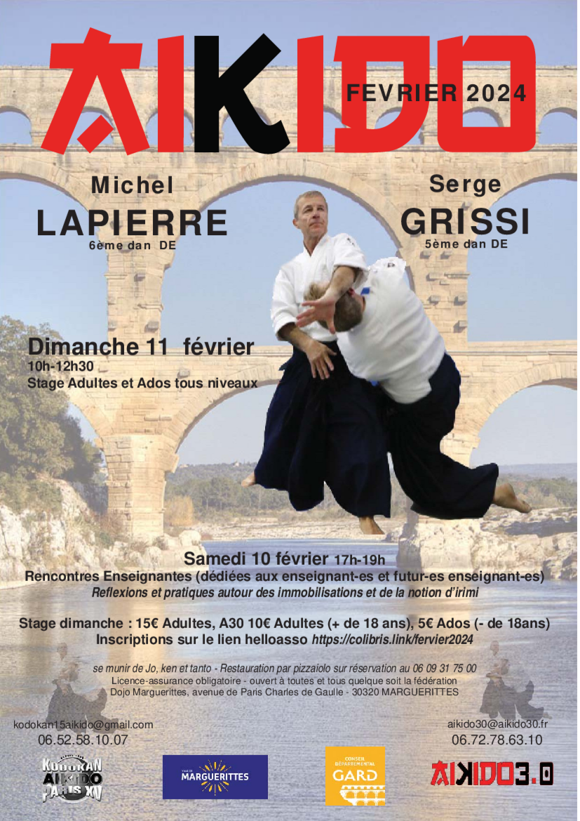 Affiche du Stage d'Aïkido à Marguerittes animé par Michel Lapierre et Serge Grissi le samedi 10 février 2024