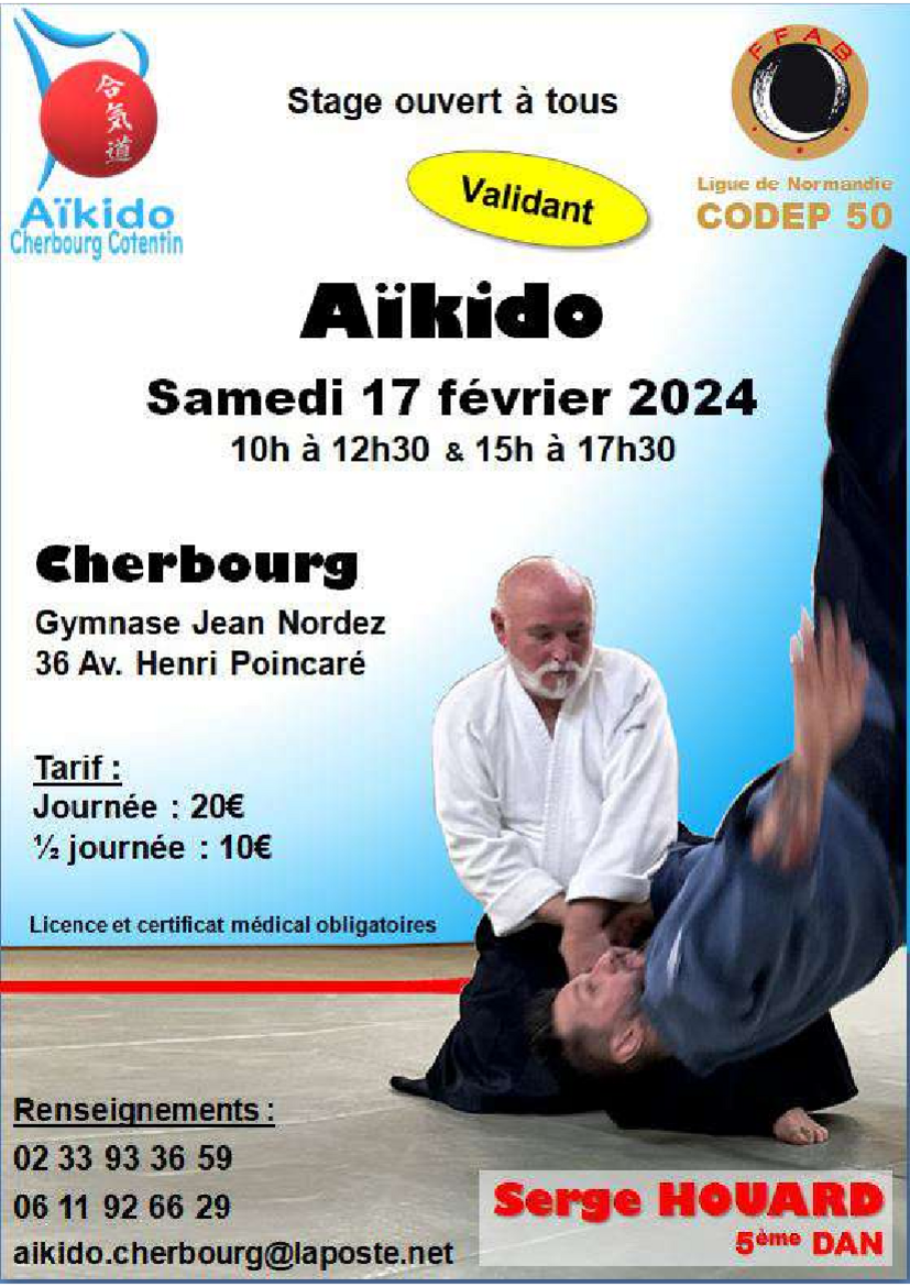 Affiche du Stage d'Aïkido à Cherbourg-en-Cotentin animé par Serge Houard le samedi 17 février 2024