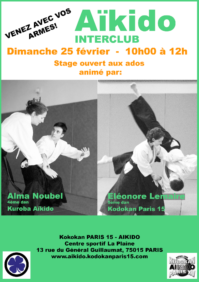 Affiche du Stage d'Aïkido à Paris animé par Eléonore Lemaire et Alma Noubel le dimanche 25 février 2024