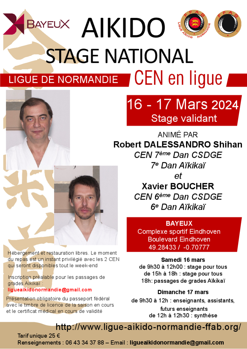 Affiche du Stage d'Aïkido à Bayeux animé par Robert Dalessandro et Xavier Boucher du samedi 16 mars 2024 au dimanche 17 mars 2024