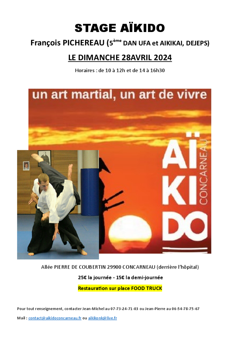 Affiche du Stage d'Aïkido à Concarneau animé par François Pichereau le dimanche 28 avril 2024