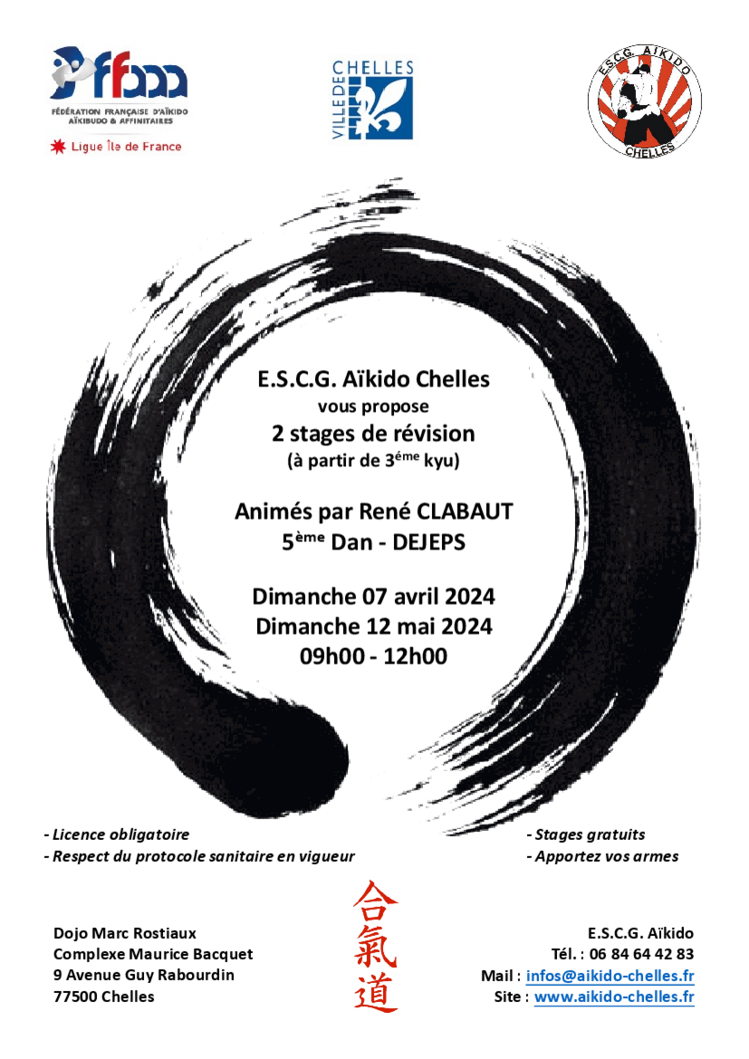 Affiche du Stage d'Aïkido à Chelles animé par René Clabaut le dimanche 12 mai 2024