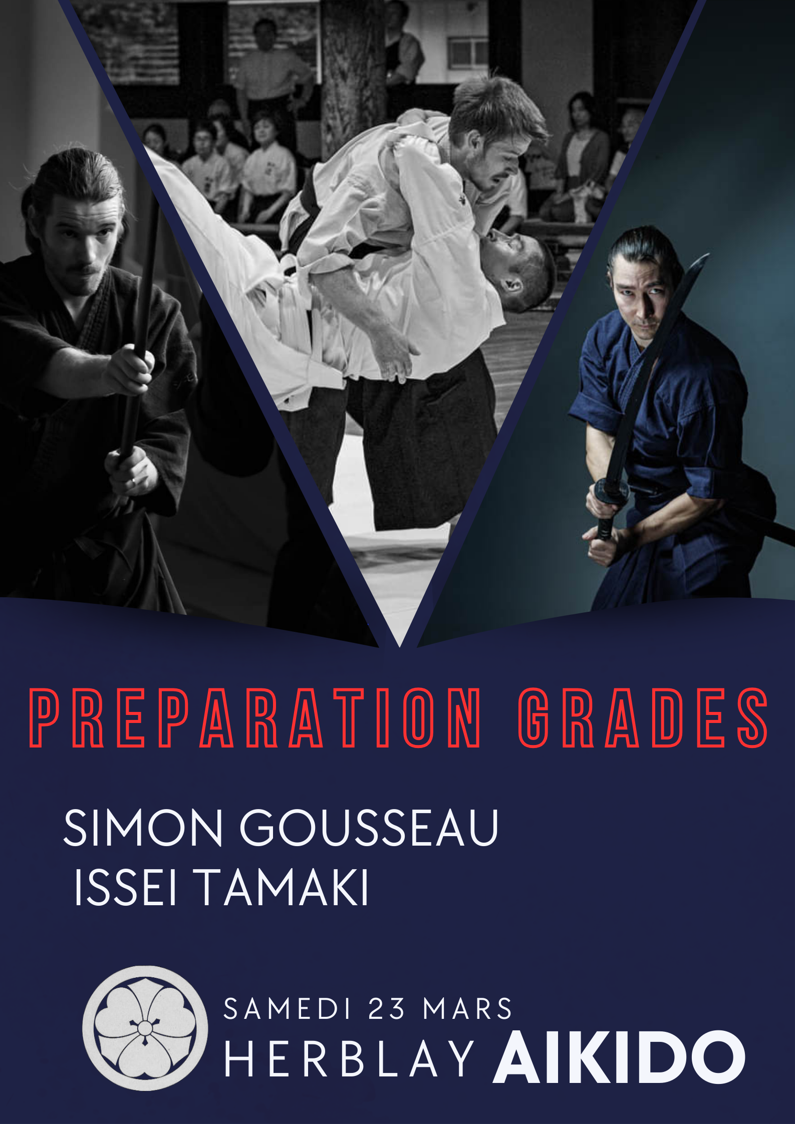 Affiche du Stage d'Aïkido à Herblay-sur-Seine animé par Isseï Tamaki et Simon Gousseau Gandolfo le samedi 23 mars 2024