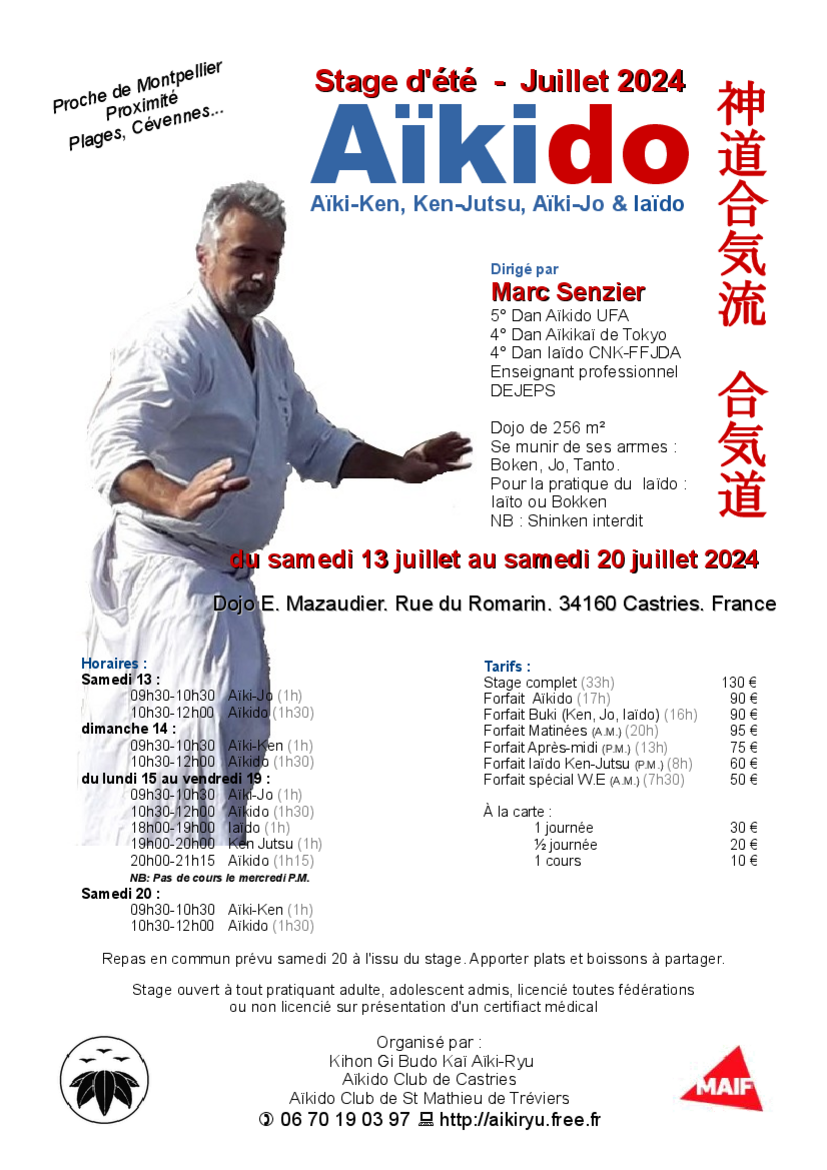 Affiche du Stage d'Aïkido à Castries animé par Marc Senzier du samedi 13 juillet 2024 au samedi 20 juillet 2024