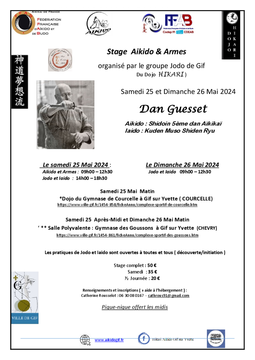 Affiche du Stage d'Aïkido à Gif-sur-Yvette animé par Dan Guesset du samedi 25 mai 2024 au dimanche 26 mai 2024