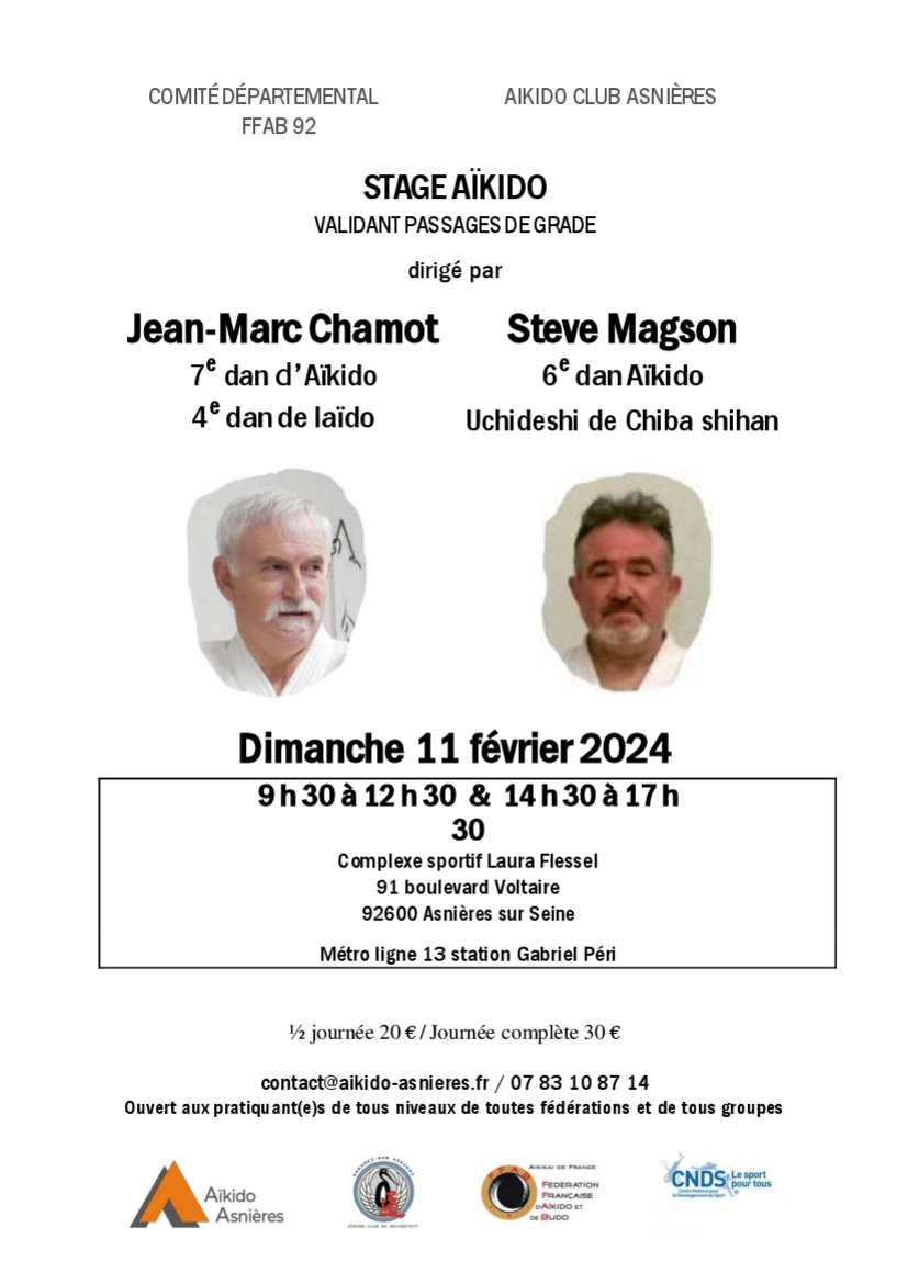 Affiche du Stage d'Aïkido à Asnières-sur-Seine animé par Jean-Marc Chamot et Steve Magson le dimanche 11 février 2024