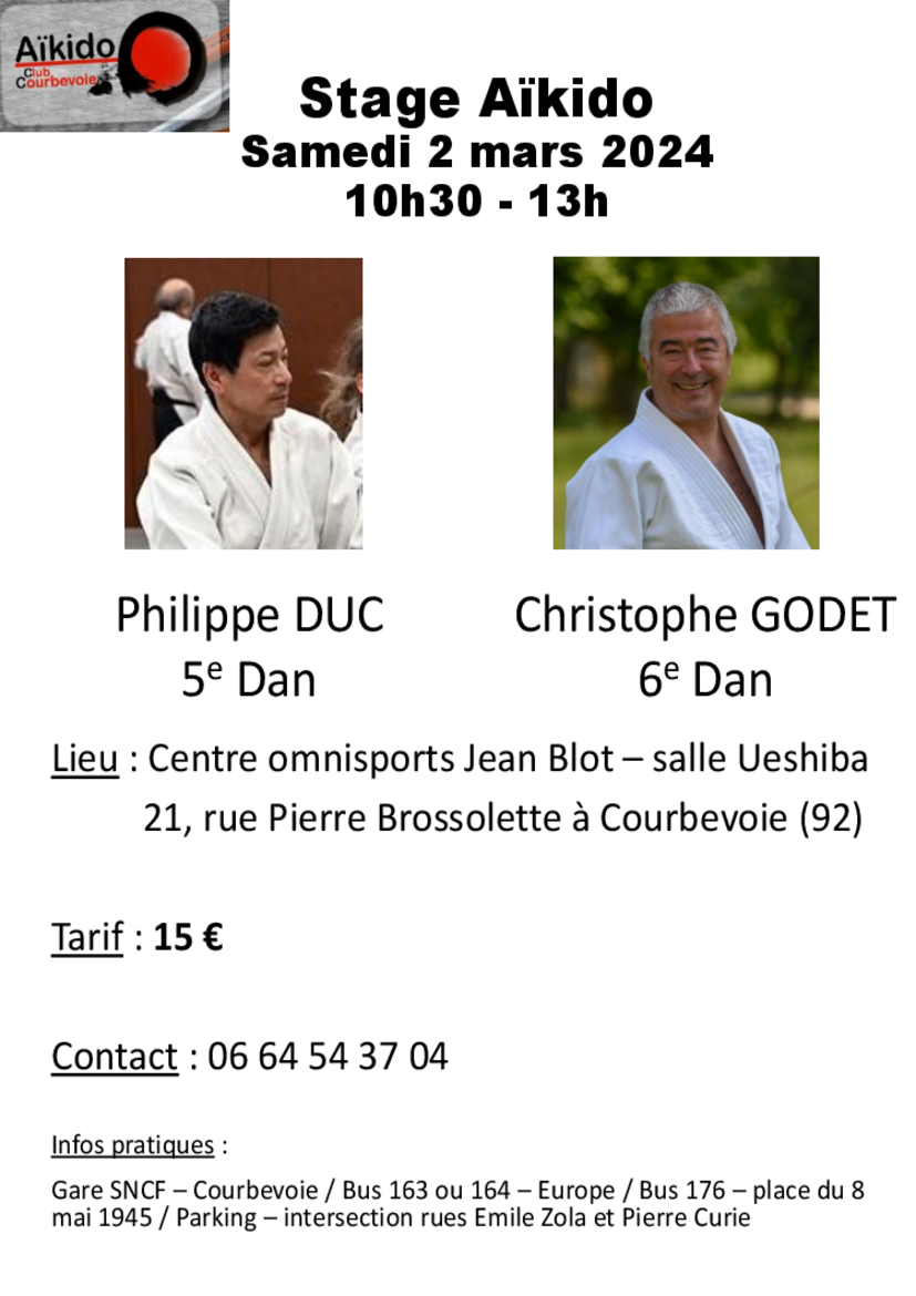 Affiche du Stage d'Aïkido à Courbevoie animé par Philippe Duc et Christophe Godet le samedi 2 mars 2024