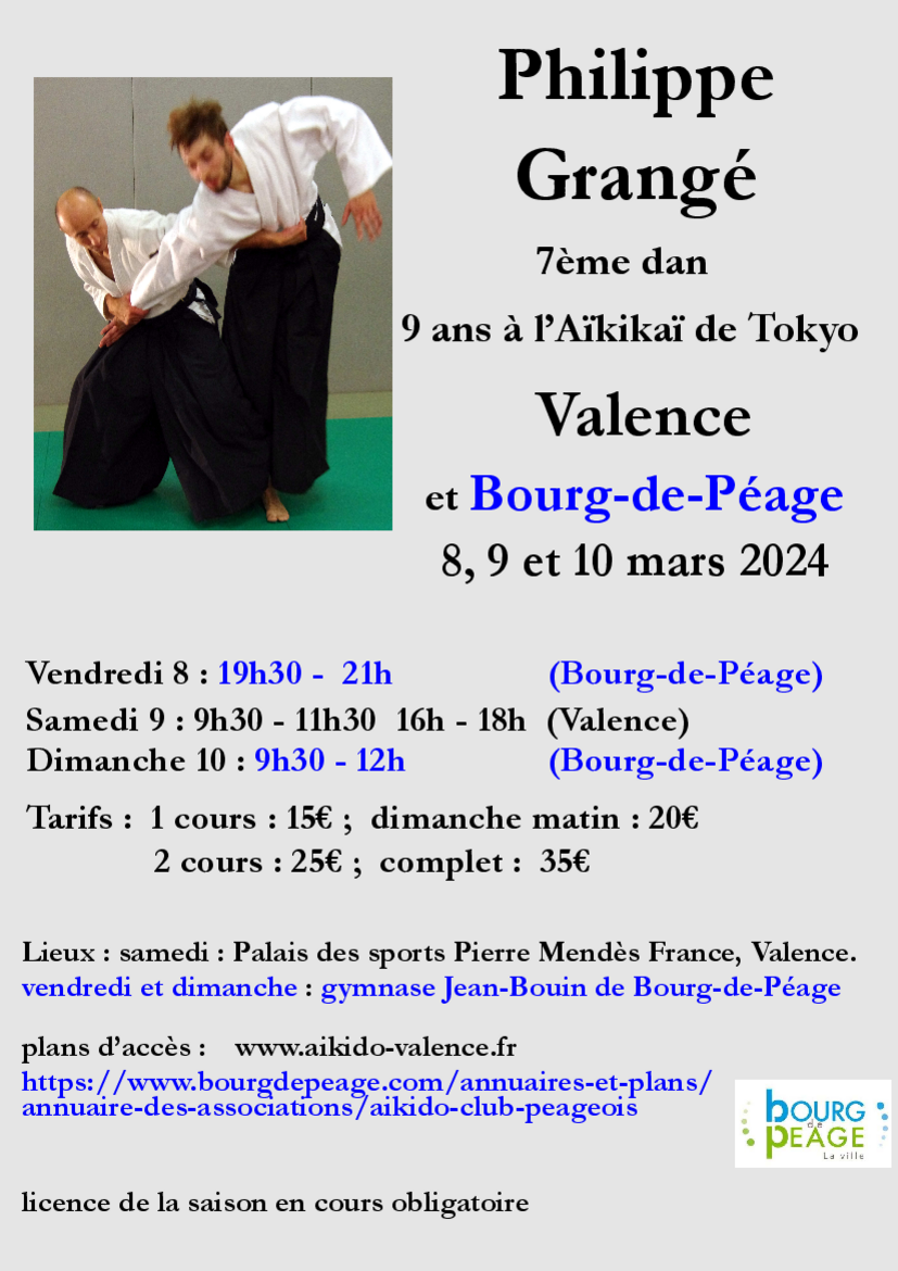 Affiche du Stage d'Aïkido à Valence animé par Philippe Grangé du vendredi 8 mars 2024 au dimanche 10 mars 2024