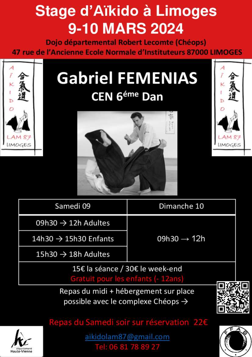 Affiche du Stage d'Aïkido à Limoges animé par Gabriel Femenias du samedi 9 mars 2024 au dimanche 10 mars 2024