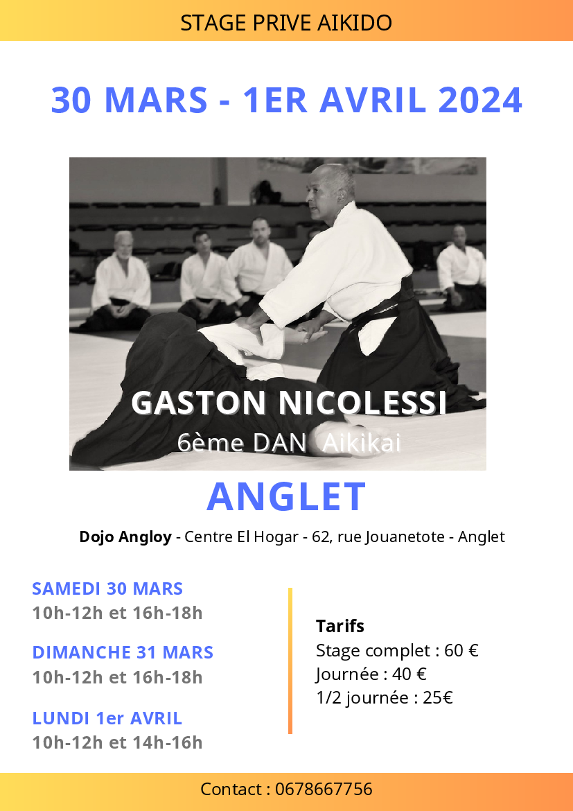 Affiche du Stage d'Aïkido à Anglet animé par Gaston Nicolessi du samedi 30 mars 2024 au lundi 1 avril 2024