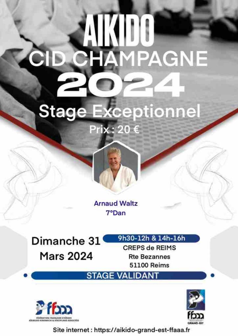 Affiche du Stage d'Aïkido à Reims animé par Arnaud Waltz le dimanche 31 mars 2024