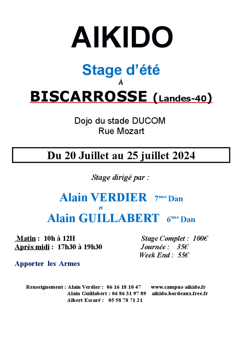 Affiche du Stage d'Aïkido à Biscarrosse animé par Alain Verdier et Alain Guillabert du samedi 20 juillet 2024 au jeudi 25 juillet 2024