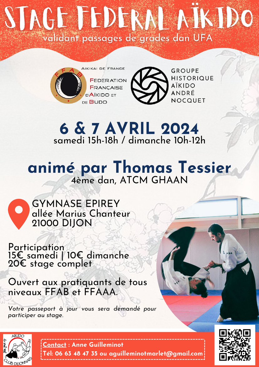 Affiche du Stage d'Aïkido à Dijon animé par Thomas Tessier du samedi 6 avril 2024 au dimanche 7 avril 2024