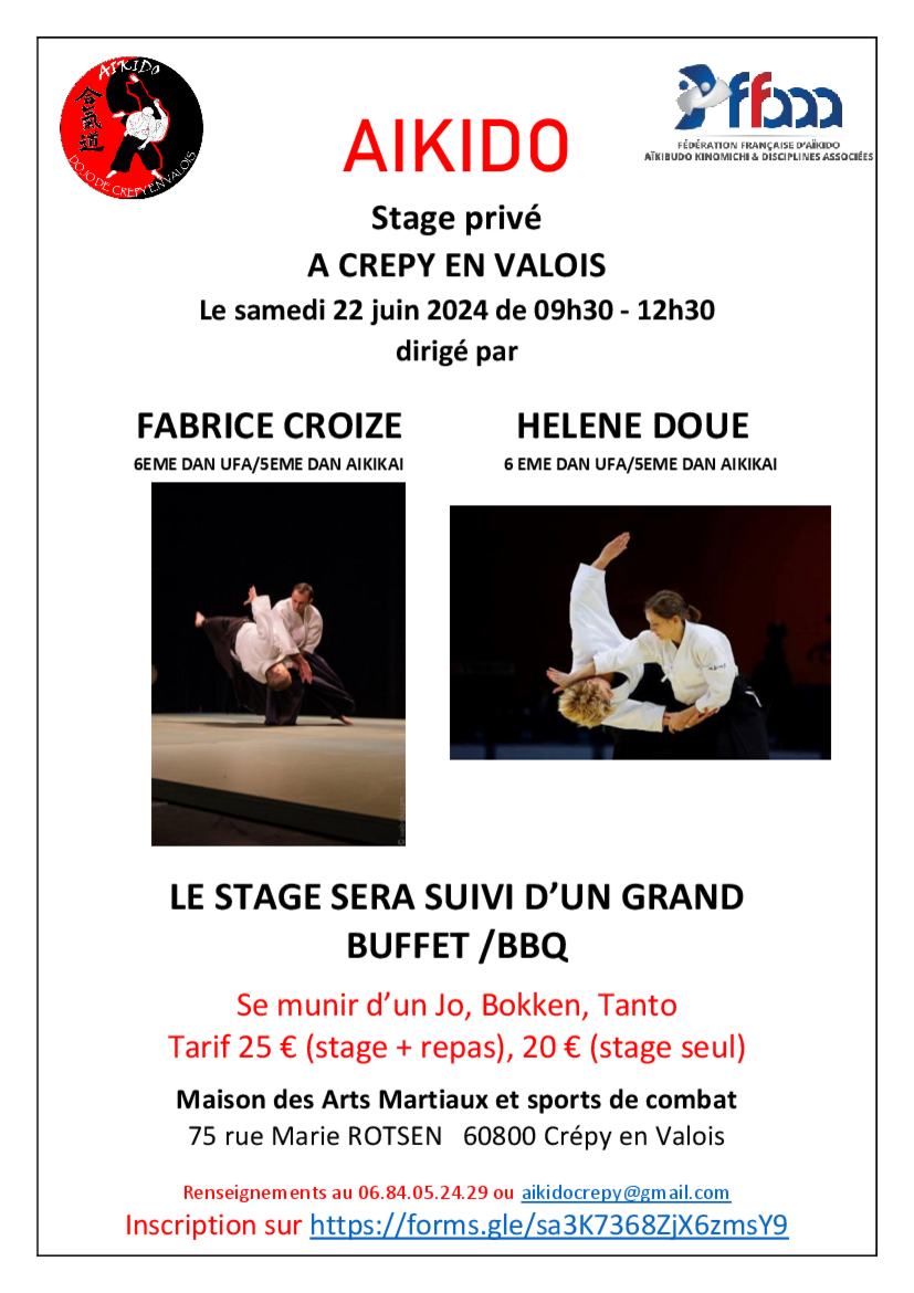 Affiche du Stage d'Aïkido à Crépy-en-Valois animé par Fabrice Croizé et Hélène Doué le samedi 22 juin 2024