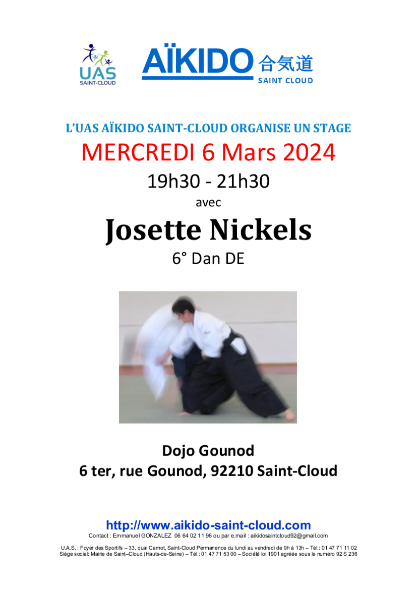 Affiche du Stage d'Aïkido à Saint-Cloud animé par Josette Nickels le mercredi 6 mars 2024