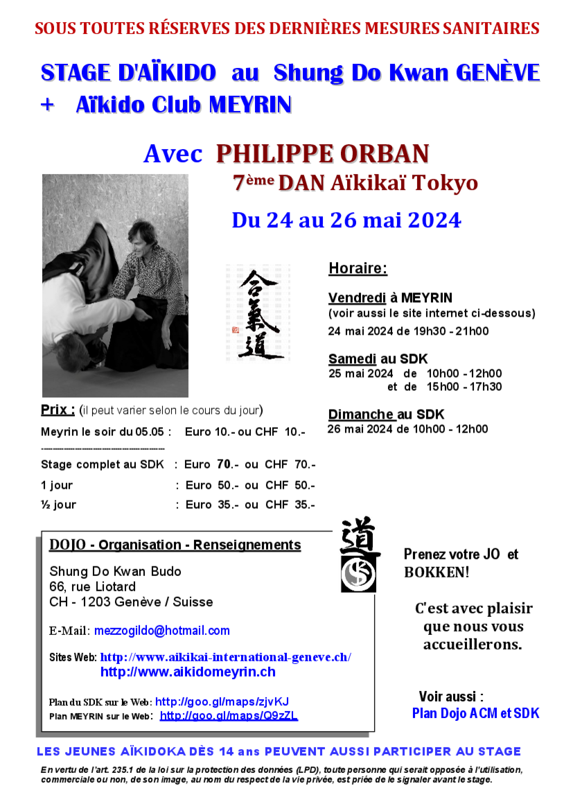 Affiche du Stage d'Aïkido à Genève animé par Philippe Orban du samedi 25 mai 2024 au dimanche 26 mai 2024