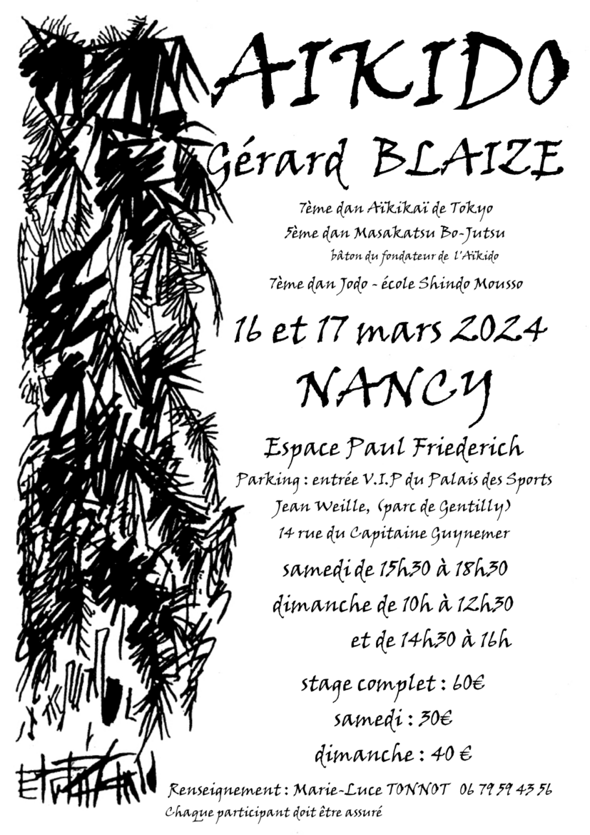 Affiche du Stage d'Aïkido à Nancy animé par Gérard Blaize du samedi 16 mars 2024 au dimanche 17 mars 2024