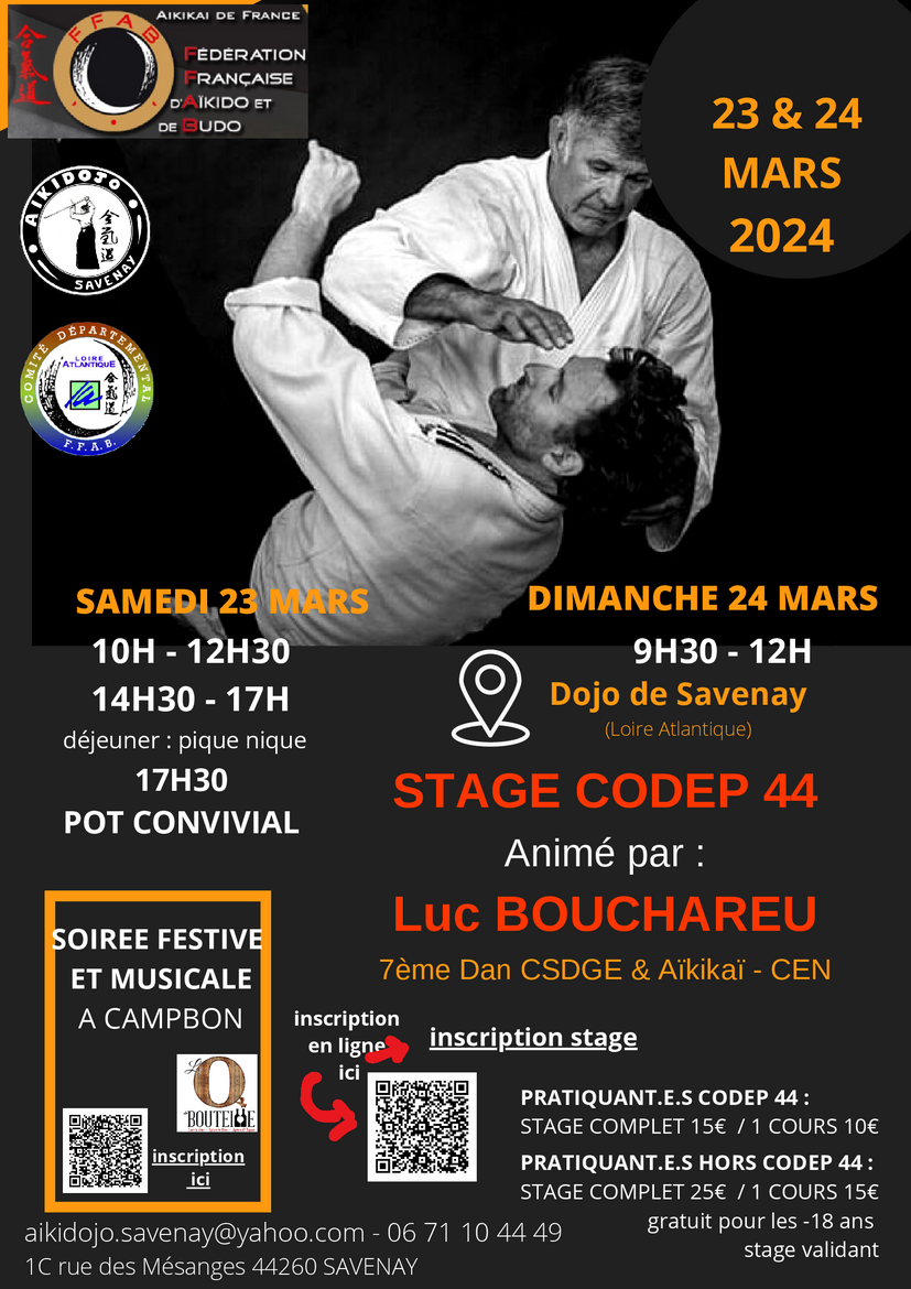 Affiche du Stage d'Aïkido à Savenay animé par Luc Bouchareu du samedi 23 mars 2024 au dimanche 24 mars 2024