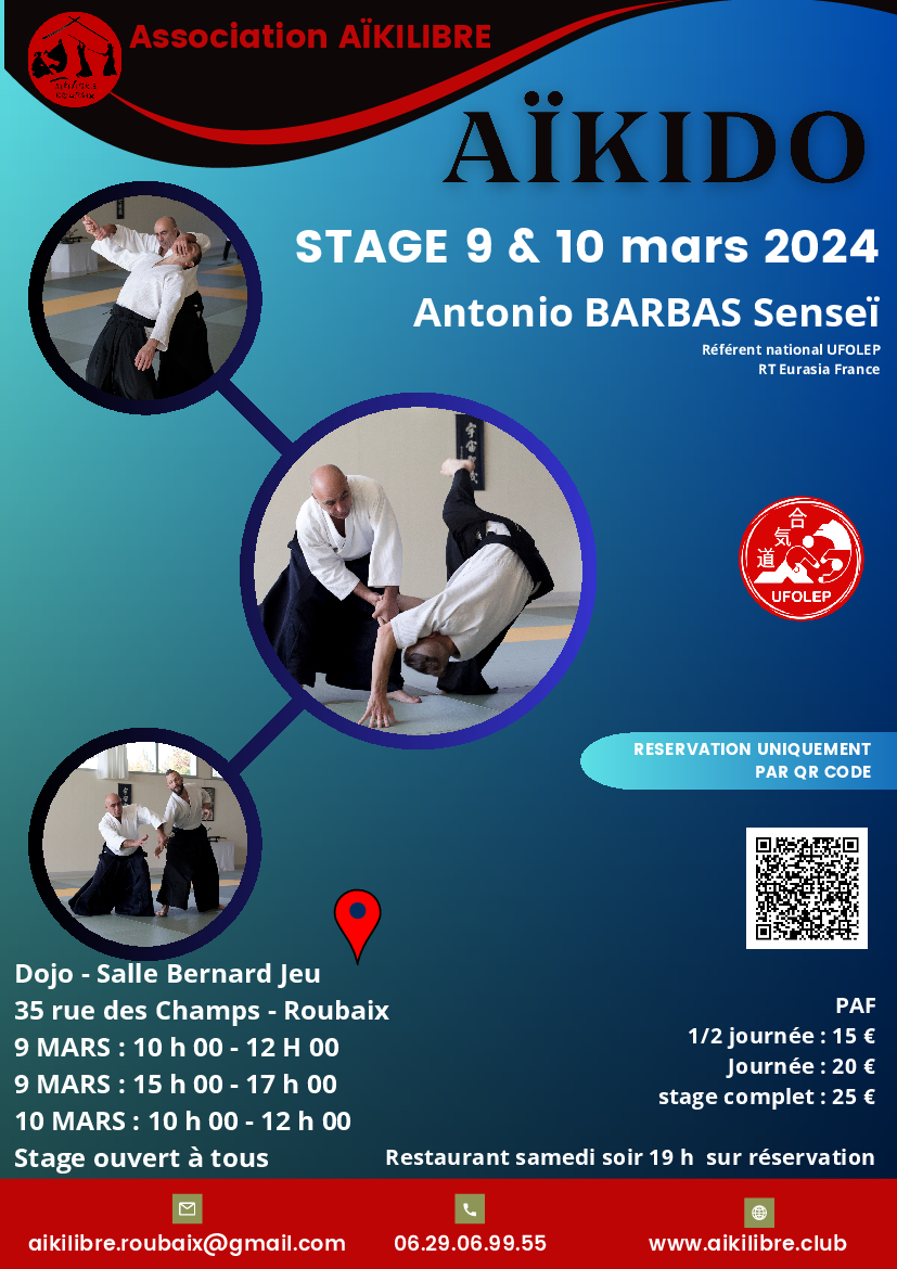 Affiche du Stage d'Aïkido à Roubaix animé par Antonio Barbas du samedi 9 mars 2024 au dimanche 10 mars 2024