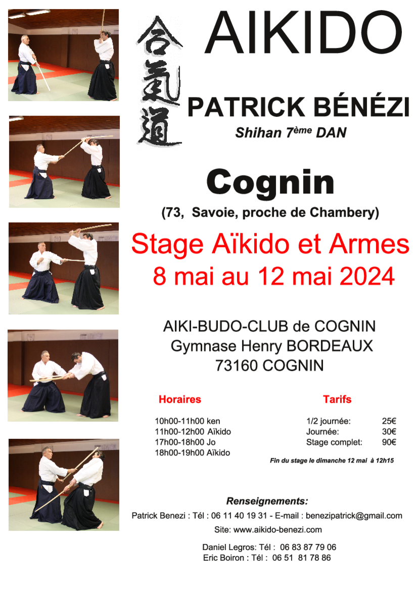 Affiche du Stage d'Aïkido à Cognin animé par Patrick Benezi du mercredi 8 mai 2024 au dimanche 12 mai 2024