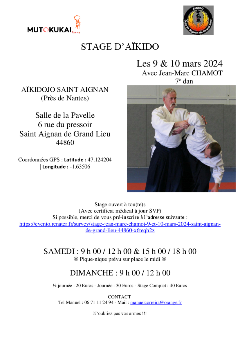 Affiche du Stage d'Aïkido à Saint-Aignan animé par Jean-Marc Chamot du samedi 9 mars 2024 au dimanche 10 mars 2024